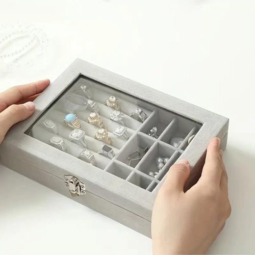 product_image_name-Generic-Boîte de Rangement à Bijoux en Velours Gris Luxueux - Couvercle Transparent (Verre/Acrylique), Multi-Compartiments, Affichage et Protection Anti-Poussière-4