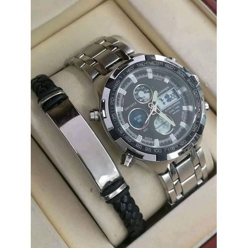 product_image_name-Generic-Montre Homme Haut De Gamme Quamer + Bracelet Gris Fond Noir-1