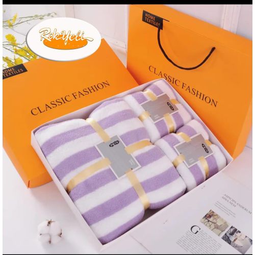 product_image_name-Mode-Pack De 3 Serviettes De Bain Rayées Douces & Absorbantes – Ensemble Serviettes De Luxe, Grande Serviette + Visage + Main – Confort Luxe & Élégance Quotidienne - Violet Blanc-1
