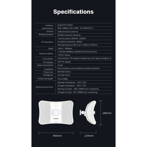 5.8G Extérieur 25KM Longue Portée Wifi Pont 900Mbps Sans Fil I-CPE 26dBi  Antenne Répéteur