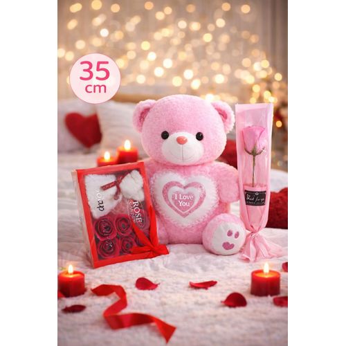 product_image_name-Generic-Pack Cadeau Romantique – Peluche Ourson 35cm + Roses + Fleur Éternelle-1