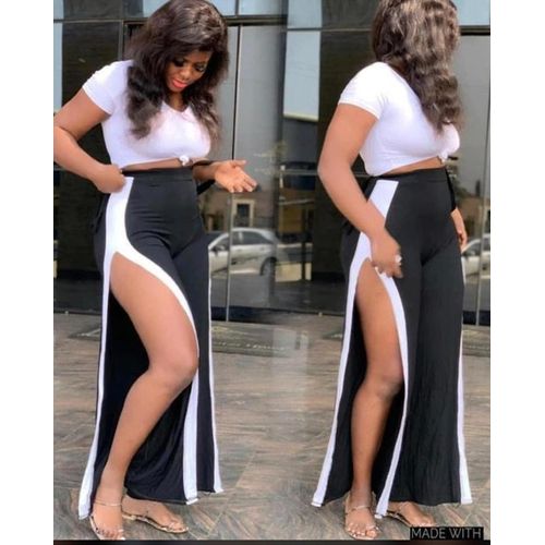 Fashion Ensemble Haut Pantalon Gros Bas Avec Fente Blanc noir