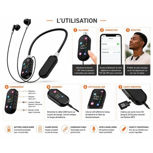 Generic Écouteurs Bluetooth sans fil avec tour de cou - image 2
