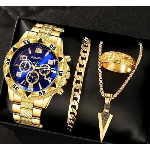 product_image_name-Fashion-Ensemble de 4 pièces: montre à quartz tendance avec grand cadran doré et lumière bleue, bracelet en acier pour homme, collier, bracelet et bague-1