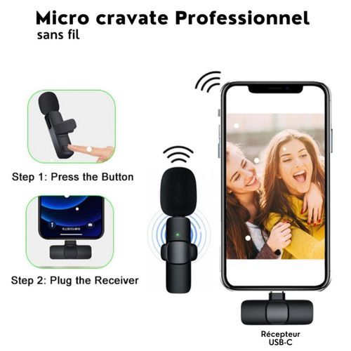 Pack 2 Microphone Lavalier sans fil pour Iphone Ipad, microphones sans fil,  microphone sans fil professionnel, micro sans fil plug-play