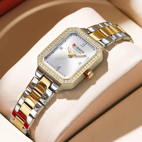 product_image_name-Curren-Montre Femme Luxe Bracelet Bicolore Or & Argent – Boîtier Rectangulaire Incrusté de Strass-1