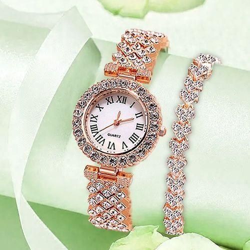 product_image_name-Fashion-2 En 1 Mode Montre Femme Et Chaîne à Main - Or Rose-2