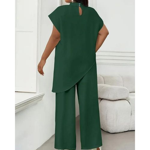 product_image_name-CALLIARA-Ensemble Patchwork Irrégulier Vert Foncé pour Femmes Taille Plus Haut à Col Montant à Manches Courtes + Pantalon Évasé Ensemble Deux Pièces Élégant et Minceur pour le Travail et les Loisirs-3