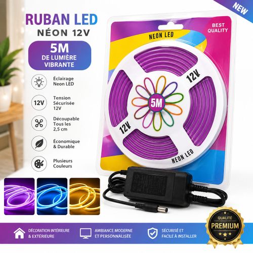 Generic Ruban LED Néon Flexible 5M – 12V – Avec Adaptateur Secteur