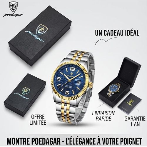 POEDAGAR Montre - Élégance & Précision (Bracelet Bicolore & Cadran Bleu)
