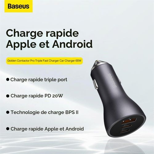 Generic Chargeur de voiture Baseus Golden Contactor Pro Triple Rapide 65W U+C+C - image 5