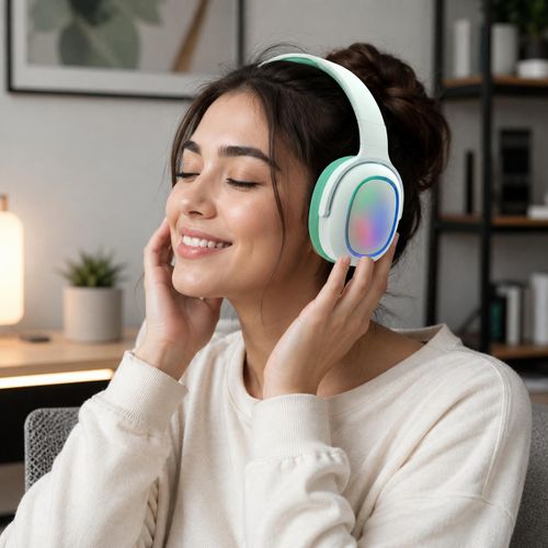 Generic Casque Bluetooth Sans Fil avec Éclairage LED RGB - Blanc et Vert Menthe - image 4