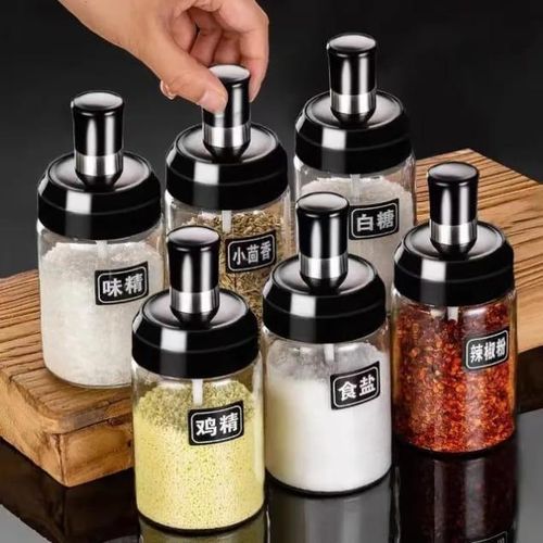 Generic Ensemble de pots à épices en verre avec couvercle à cuillère intégrée