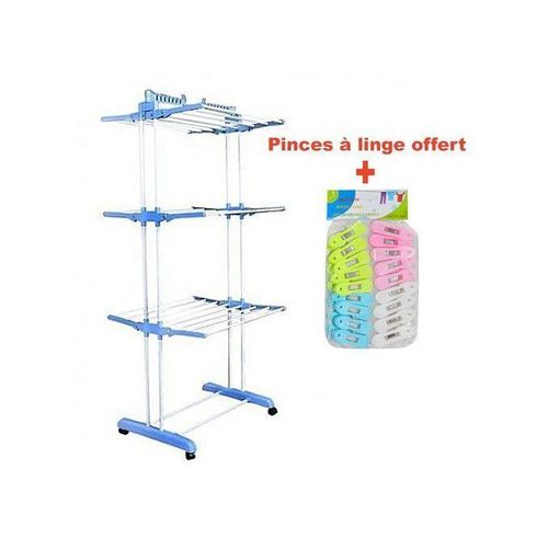 product_image_name-Genetic-Séchoir à Linge Pliable 3 Niveaux Réglables Avec Roues + Pinces à Linge Offert - Bleu-1