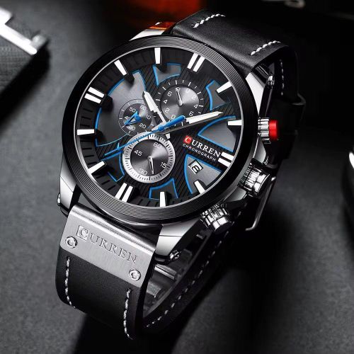 product_image_name-Curren-Montre analogique à quartz pour homme avec trois sous-cadrans Affichage de la date Bracelet en cuir Noir, Noir -1