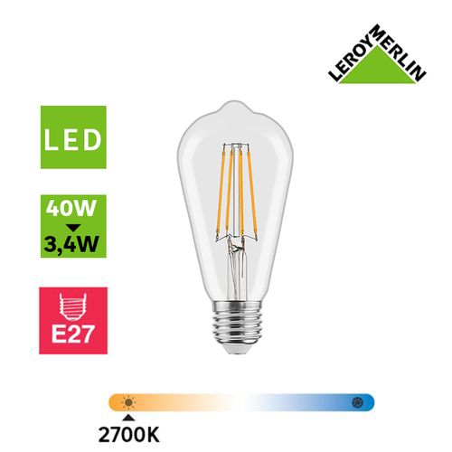 Leroy Merlin Ampoule Décorative Filament à Vis E27 - LED - 3,4W (équi 40W)  = 470 Lm - Øcm - 2700K / Lumière Chaude (jaune) Et Chaleureuse - Prix pas  cher