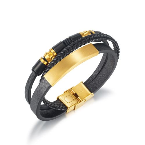 product_image_name-Fashion-Bracelet pour Homme - Cuir Noir avec Accents Dorés - Cuir en Doucle tresse -1