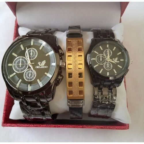 product_image_name-Orlando-Montres Couplées Unisexe – Cadran Analogique – Acier – Noir + Bracelet Offert-1