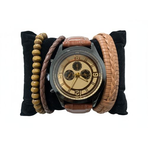 product_image_name-Generic-Coffret Cadeau Homme 4-en-1 : Montre Élégante & Ensemble de 3 Bracelets (Perles de Bois, Marron Tressé) - Style Classique et Naturel-1