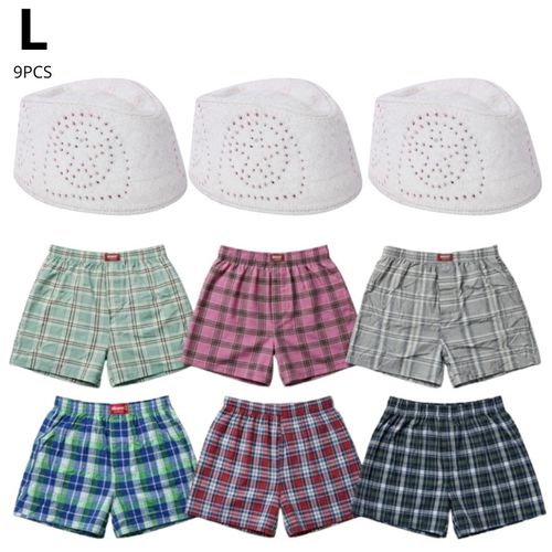 product_image_name-Fashion-Pack Mixte Homme 9 Pièces - 3 Chéchias Traditionnelles Blanches + 6 Boxers Caleçons à Carreaux - Taille L - Textile Douceur et Qualité - Ensemble Confort Quotidien-1