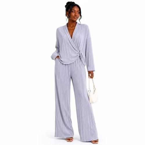 Fashion Ensemble Plissé & Pantalon Fluide - Gris