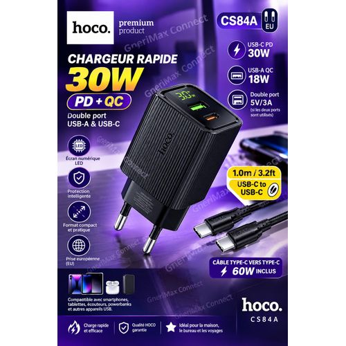 Hoco Chargeur Rapide Original 30W PD + QC3.0 avec Câble Type-C vers Type-C 60W