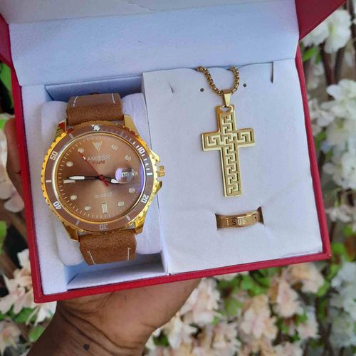 product_image_name-Fahion-Box cadeau Ensemble longue chaîne Homme 60cm  , Montre et bague jesus Doré   En Acier Inoxydable Pendentif croix de jesus , crucifix idéal cadeau de saint valentin, anniversaire,  mariage, baptêmes -3
