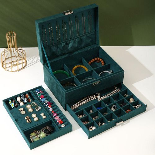 product_image_name-Fashion-Nouveau Coffret à Bijoux Doublé de Velours pour Boucles d'oreilles & Clous - Organisateur Rétro à Double Couche avec Tiroir Verrouillable, Grande Capacité pour Colliers et Accessoires-4