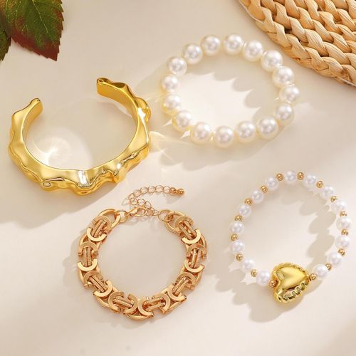 product_image_name-CALLIARA-Set de 4 Bracelets Empilables Luxe Or Perle Coquillage, Bracelet Métallique Irrégulier Design Niche, Bijou de Poignet Vintage Élégant-3