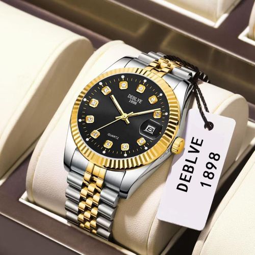 product_image_name-Generic-Montre DEBLVE 1898 Luxe pour Homme - Bicolore Or & Argent - Cadran Noir serti de Cristaux - Mouvement Quartz avec Dateur-1