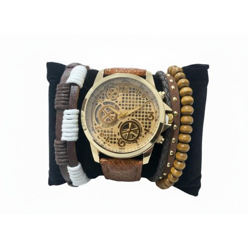 product_image_name-Fashion-Coffret Cadeau Homme 4-en-1 : Montre Style "Steampunk" Cadran Squelette Doré & Ensemble de Bracelets (Perles de Bois & Tressés) - Look Rétro et Mécanique-1
