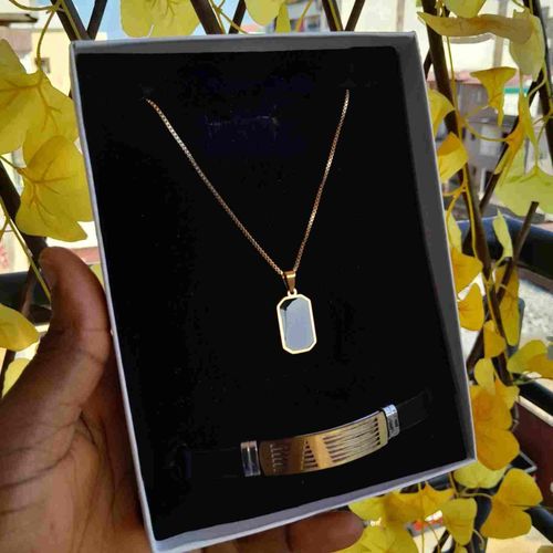 product_image_name-3D Fashion-Box cadeau homme composé de chaîne pendentif carré rectangulaire et bracelet  Doré  45cm En Acier Inoxydable idéal cadeau pour saint  valentin , anniversaire, mariage -2