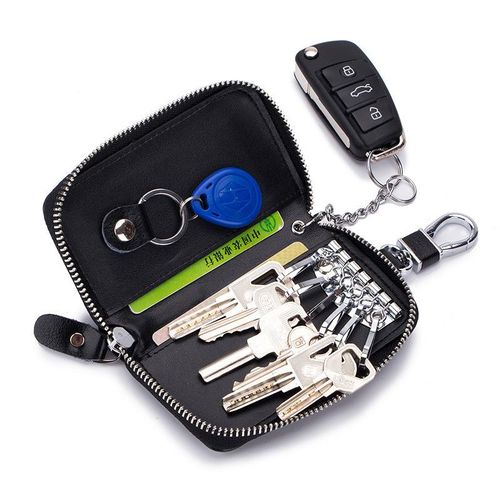 Unisexe En cuir véritable Porte-clés Sac Porte-clés de voiture avec  fermeture à glissière (noir)