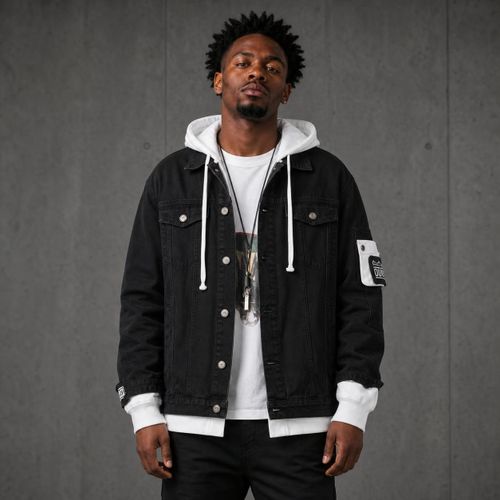 Fashion Veste en Jean Noir Bi-Matière avec Capuche - image 2