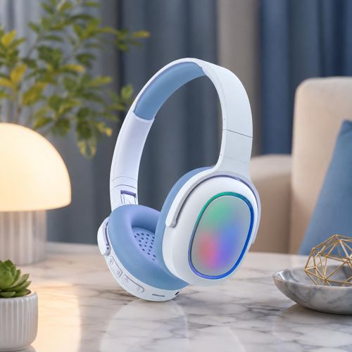 Generic Casque Bluetooth Sans Fil avec Éclairage LED RGB - Blanc et Bleu - image 2