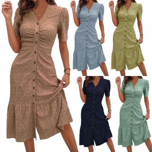 product_image_name-Fashion-Robe longue tendance décontractée, hyper-respirant et élégante pour femme, couleur unie, manches courtes, col en V, coupe ajustée, collection Printemps-Été, d'inspiration européenne et américaine et africaine-3