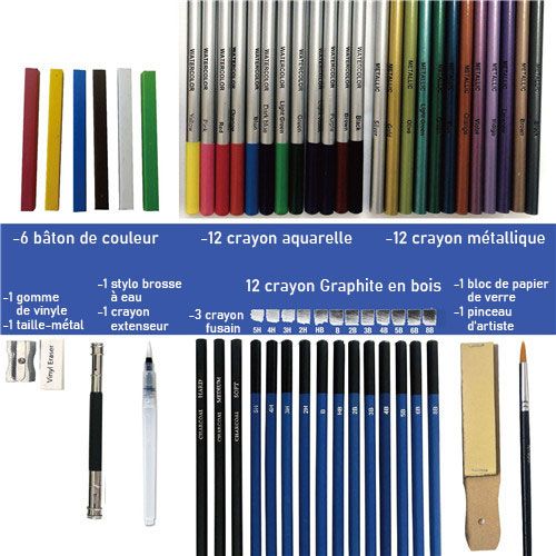 X 1 boite métal de 10 crayons fusain pour dessin - Un grand marché