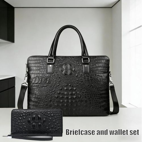product_image_name-Fashion-Ensemble de 2 pièces - Mallette d'affaires pour hommes, Sacoche pour ordinateur portable motif crocodile pour hommes, Sac à main en diagonal, Sac à bandoulière - Noir-1