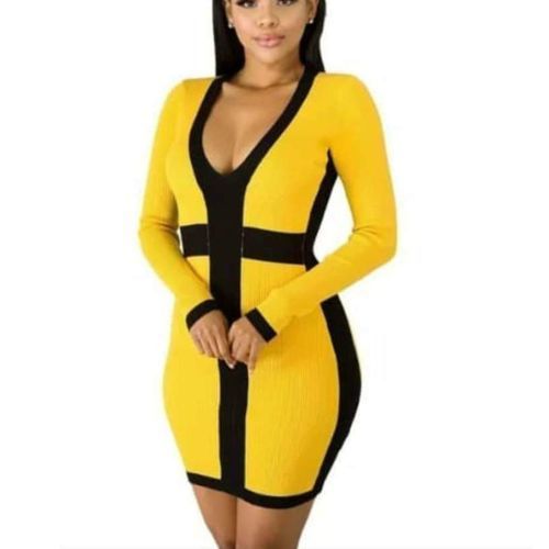 product_image_name-Fashion-Robe Sexy Manches Longues - Jaune-1