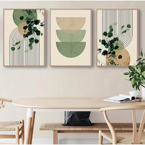 product_image_name-Generic-3 pièces Affiche artistique graphique géométrique de plante verte bohème à feuille d'eucalyptus - Impression sur toile rétro-1