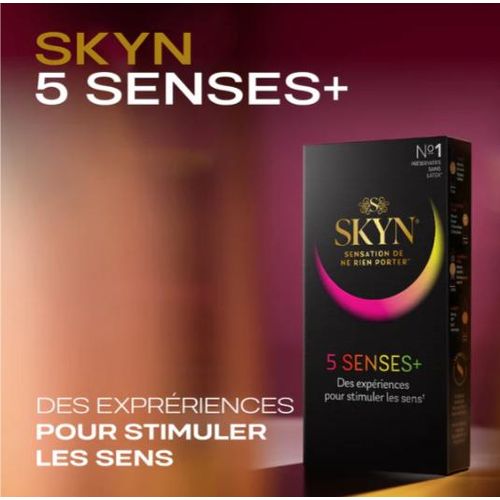 product_image_name-SKYN- 5 Senses + : Boite de 5 Préservatifs masculins sans latex, matière Skynfeel, 1x Intensément Perlé, 2x Saveur Cocktail, 1x Elite (Ultra Fin), 1X Chauffant pour stimuler les sens-2