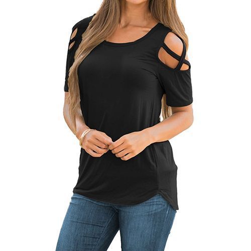  KECKS Women's Tops Shirts Sexy Tops for Women Solid Off  Shoulder Ripped Crop Tee Shirts for Women (Color : Black, Size : Large) :  Clothing, Shoes & Jewelry