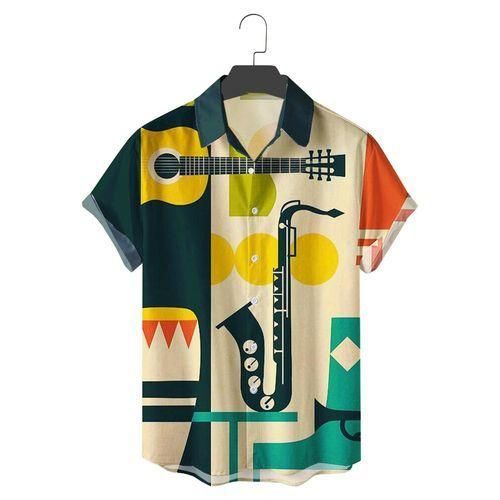 Chemise Homme Manches Courtes Imprimé Notes De Musique - Col Cubain, Polyester Léger, Décontractée - 5