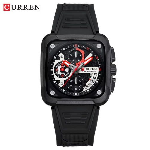 product_image_name-Curren-Montre carrée pour hommes, bracelet en silicone, multifonction, chronographe, entièrement noire, 2024, nouveauté 8461-1