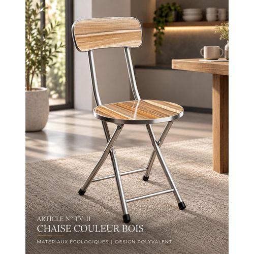 Generic  Chaise Pliante Métallique avec Assise et Dossier Effet Bois - image 2