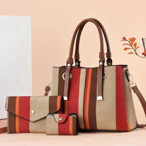 product_image_name-Fashion-Ensemble 3-en-1 : Sac à Main Cabas, Pochette et Porte-Cartes – Élégance Rayée-marron-rouge-1