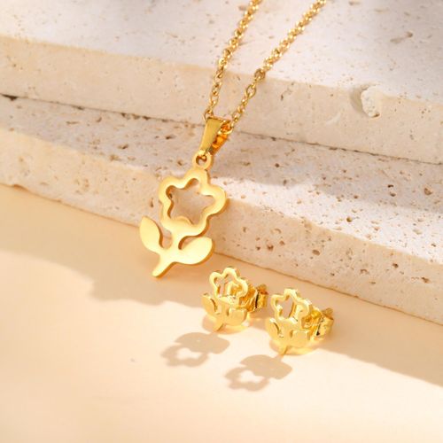product_image_name-3D Fashion-Ensemble Chaîne et boucle d'oreille femme Doré 45cm En Acier Inoxydable Pendentif  fleur idéal cadeau pour saint  valentin -1