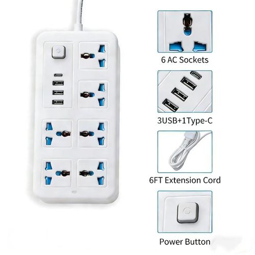 product_image_name-Generic-Bande d'alimentation multifonctionnelle USB + Type-C à charge rapide pour la maison et le bureau - blanc-2