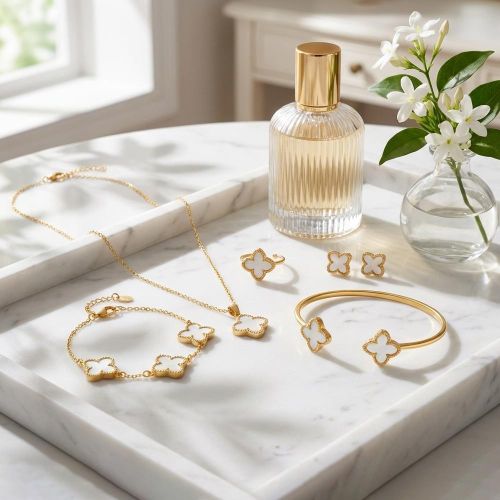 product_image_name-ARHANORY-Coffret 5 Pièces Trèfle Porte-bonheur Collier Bracelet Bague Ajustable et Boucles d'oreilles pour Femme Blanc-3