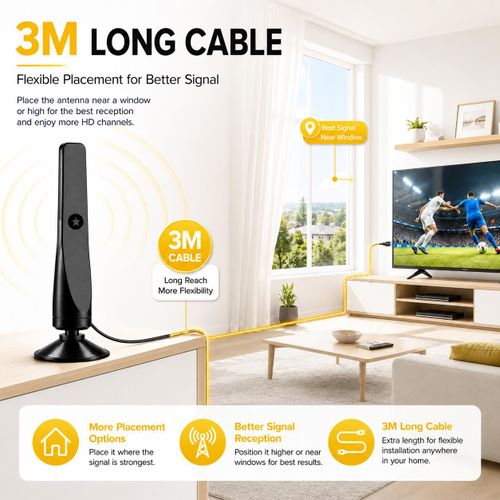 CAPro Antenne TV TNT Numérique Intérieure avec Câble 3 m et Base à Ventouse - image 5